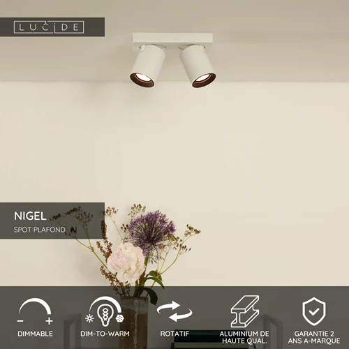 Lucide NIGEL - Spot plafond - LED Dim to warm - GU10 - 2x5W 2200K/3000K - Blanc - USP